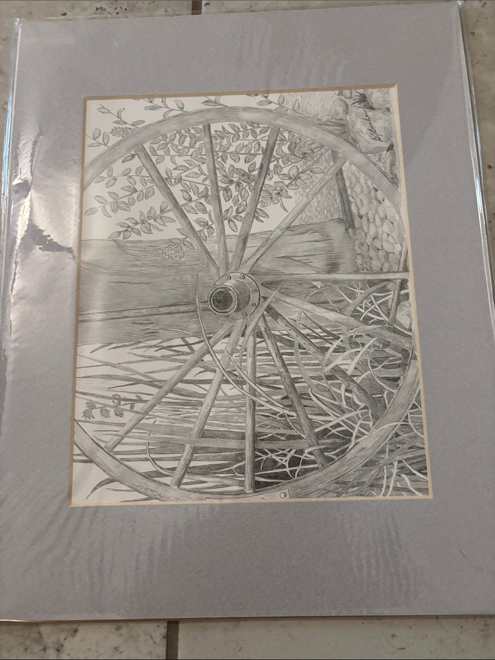 Hand-Drawn Wagon Wheel Pencil Art - Gray Mat